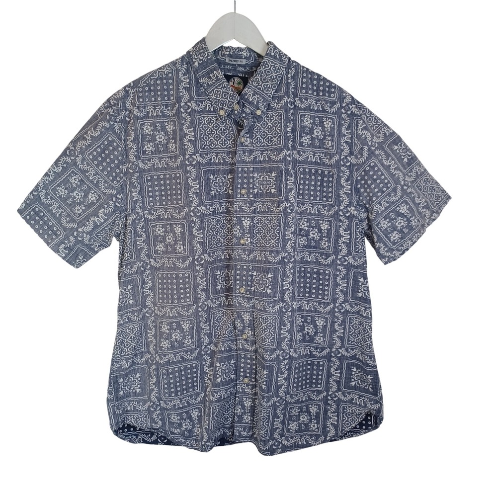 Reyn Spooner Mens XL Blue White Bandana Block Print Tailored Fit Cotton Shirt